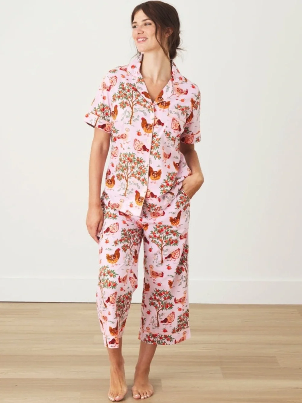 Print Fresh Hen House Organic Cotton Pajama Set Short Sleeve & Pants Pink Size S - Picture 4 of 16